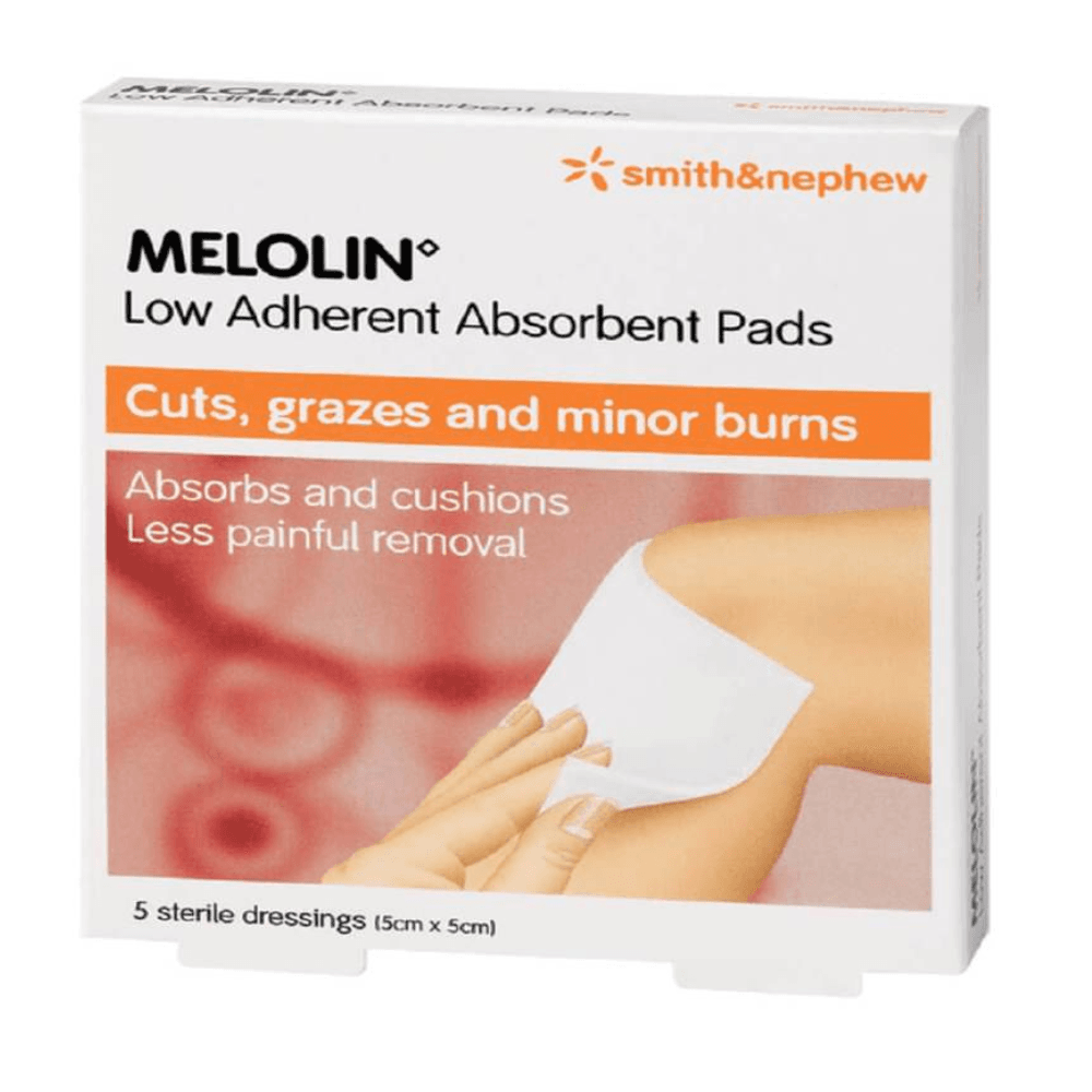 Smith & Nephew Melolin Low Adherent Absorbent Pads (5 cm x 5 cm) - 5 sterile dressings