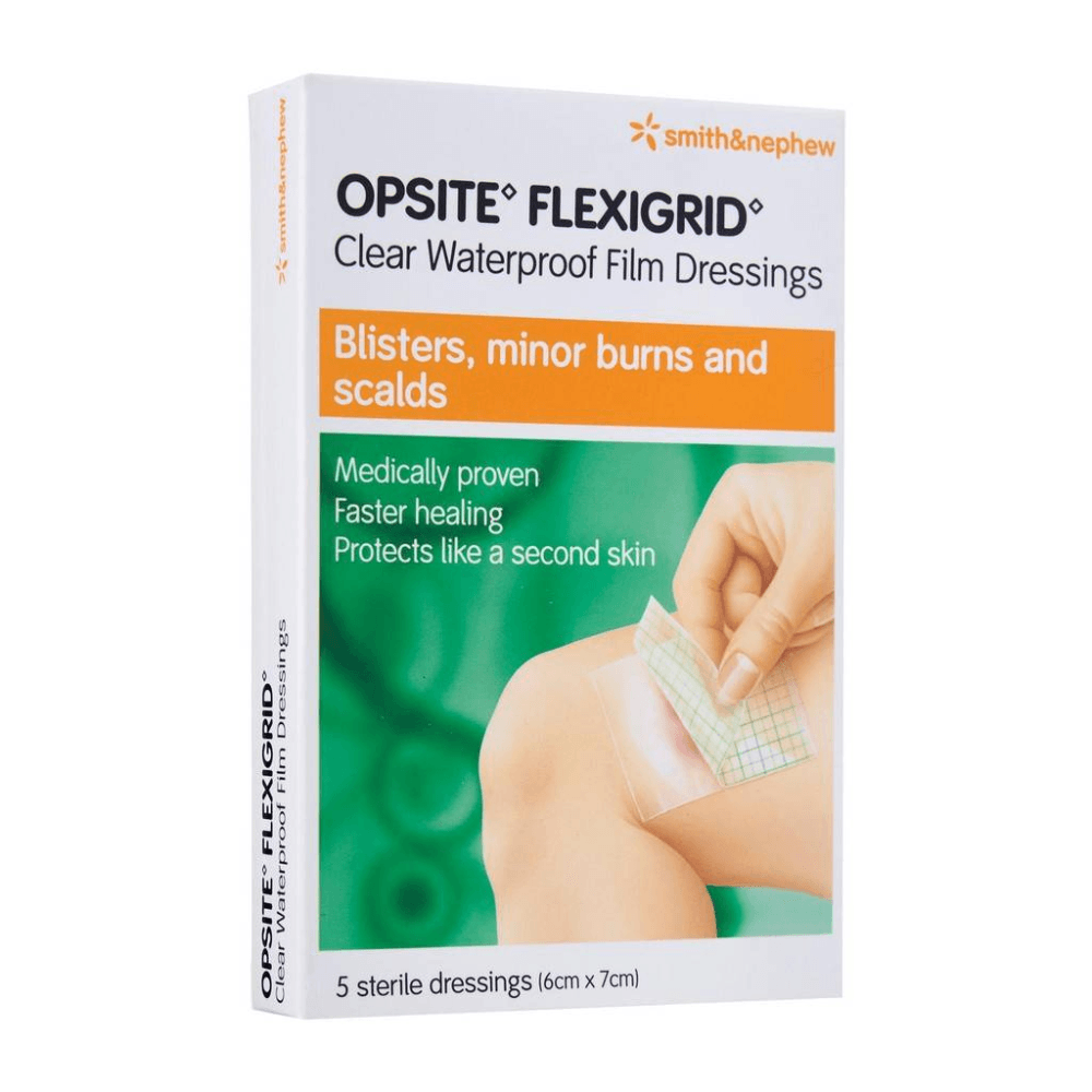 Smith & Nephew Opsite Felxigrid Clear Waterproof Film Dressings (6 cm x 7 cm) - 5 sterile dressings